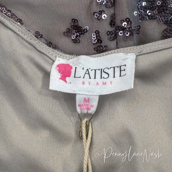 NWT L'Atiste Sheer Sleeve Sequined Deep V Neck Romper Lvander - Picture 13 of 14